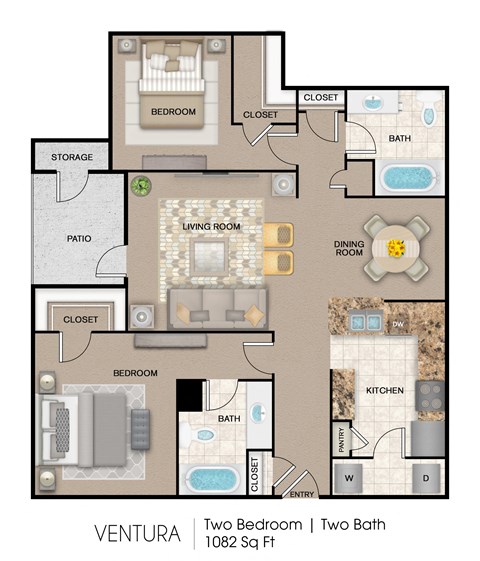 Floor plan for 2 beds, 2 baths, 1082 sqft